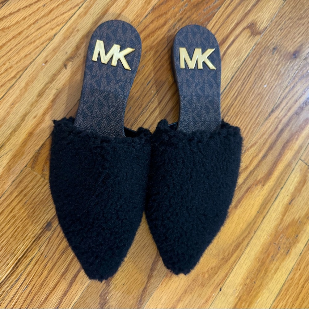Michael Kors Black Fuzzy Slippers with Gold Logo